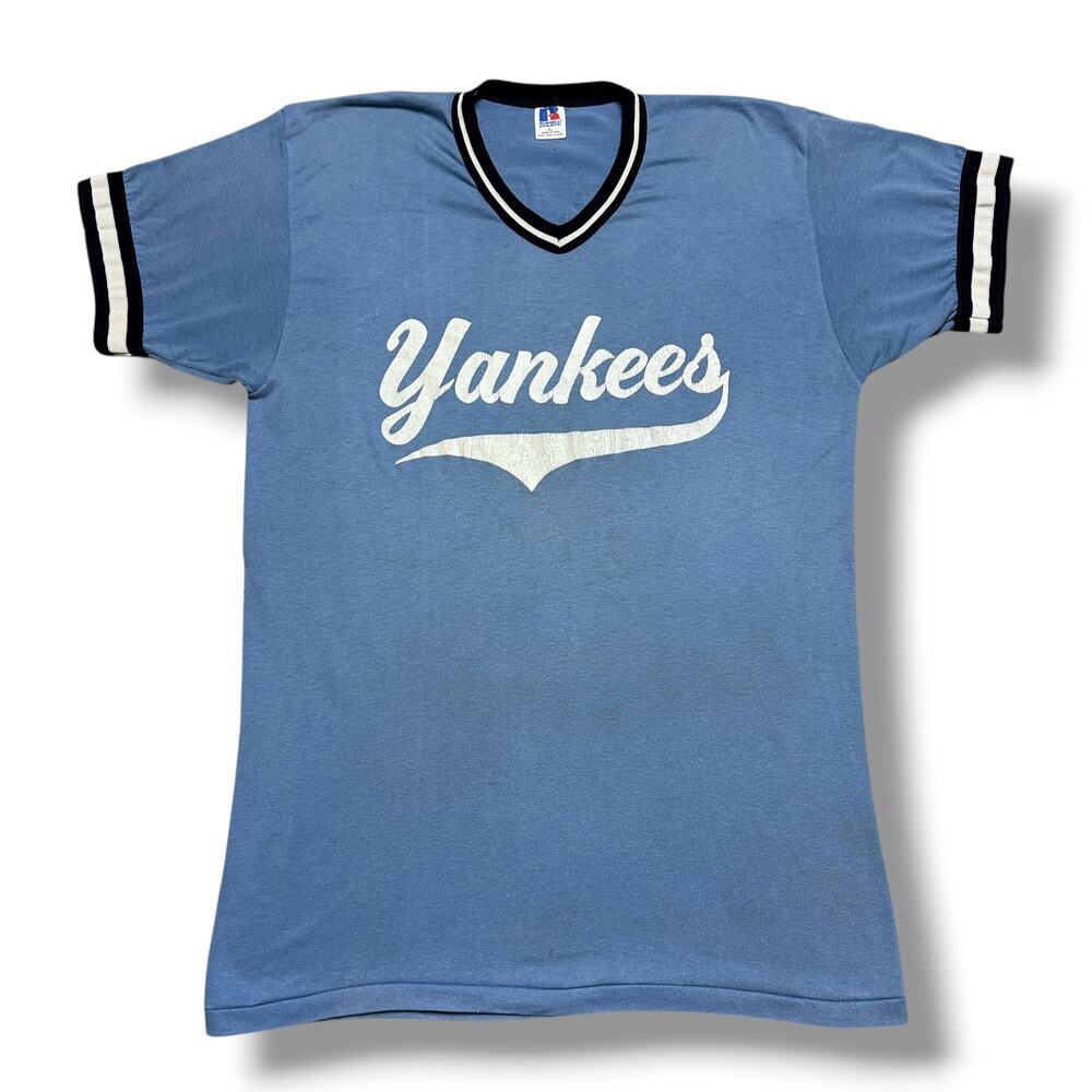 Vintage 80s New York Yankees Russell Athletic V Neck Ringer Tee Shirt MLB Sz XL
